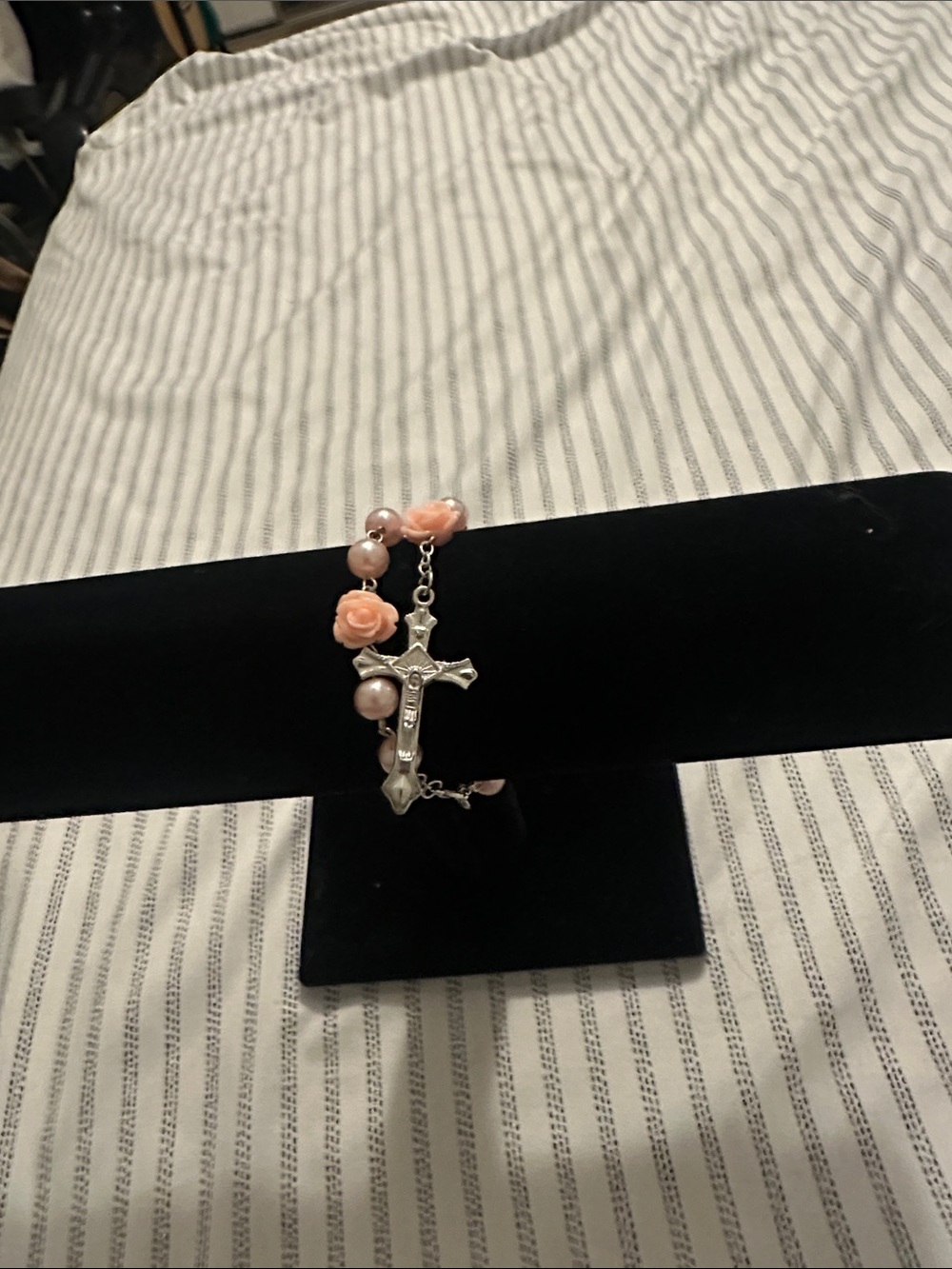 Silver Cross Bracelet with Pink Rose Beads